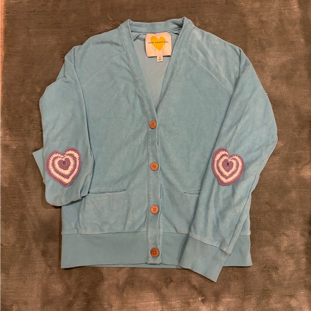 Blue Cardigan with Heart Elbow Patches